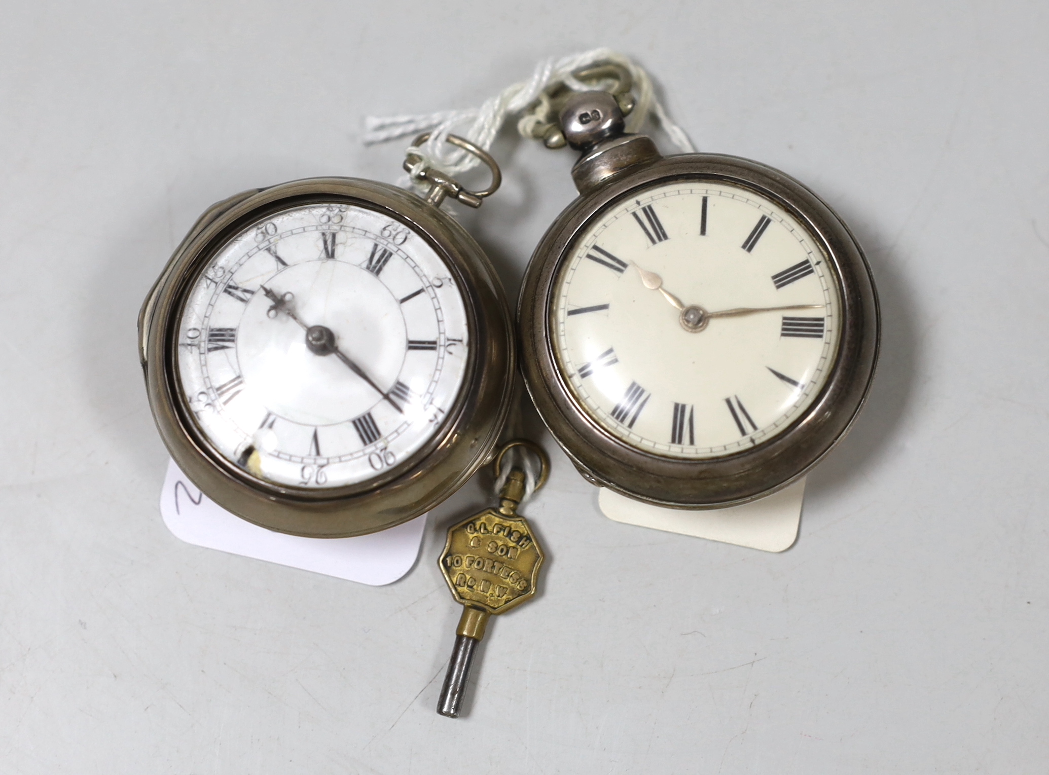 A George III silver pair cased keywind pocket watch, by Butt of London and a similar later watch by Chuter of Farnham.